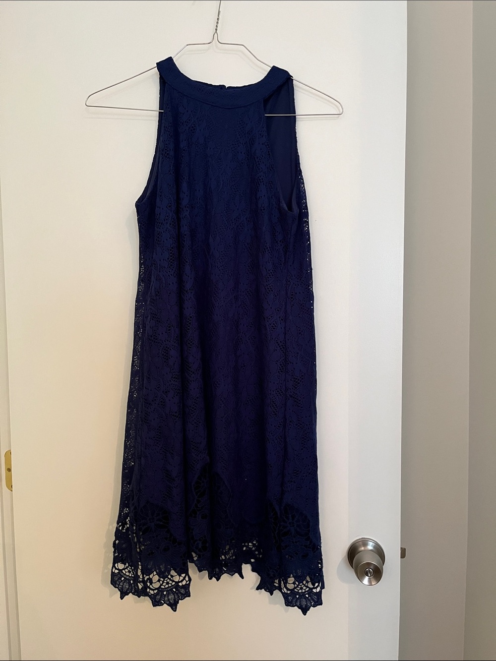 Francesca's Collections Navy Lace Midi Dress with Crochet Hem